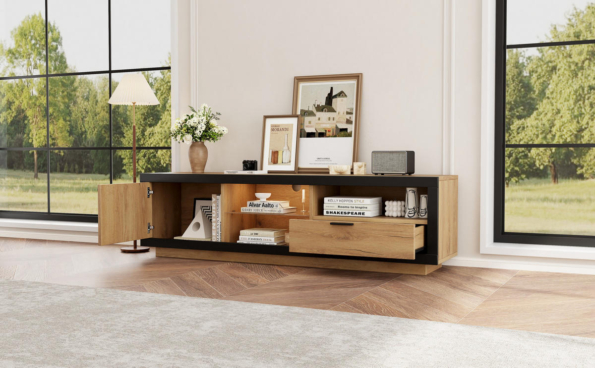 TV-LOWBOARD 160/40/50 cm, Schwarz/Eiche, mit LED-Beleuchtung und Glasböden - Eichefarben/Schwarz, Glas/Holzwerkstoff (160/50/40cm) - CHICFURN