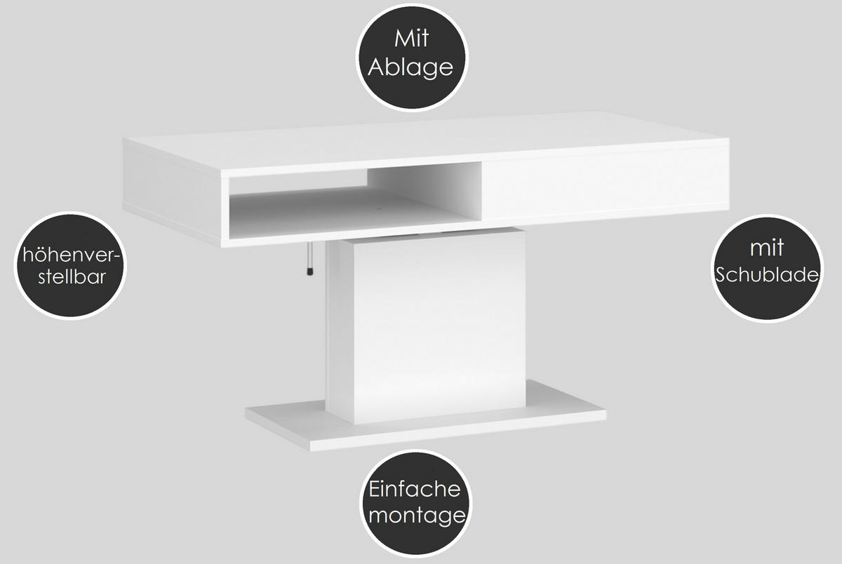 COUCHTISCH rechteckig stufenlos höhenverstellbar Schubalde 110/65/59 cm - Eichefarben, Holzwerkstoff (65/110/59cm) - designimpex