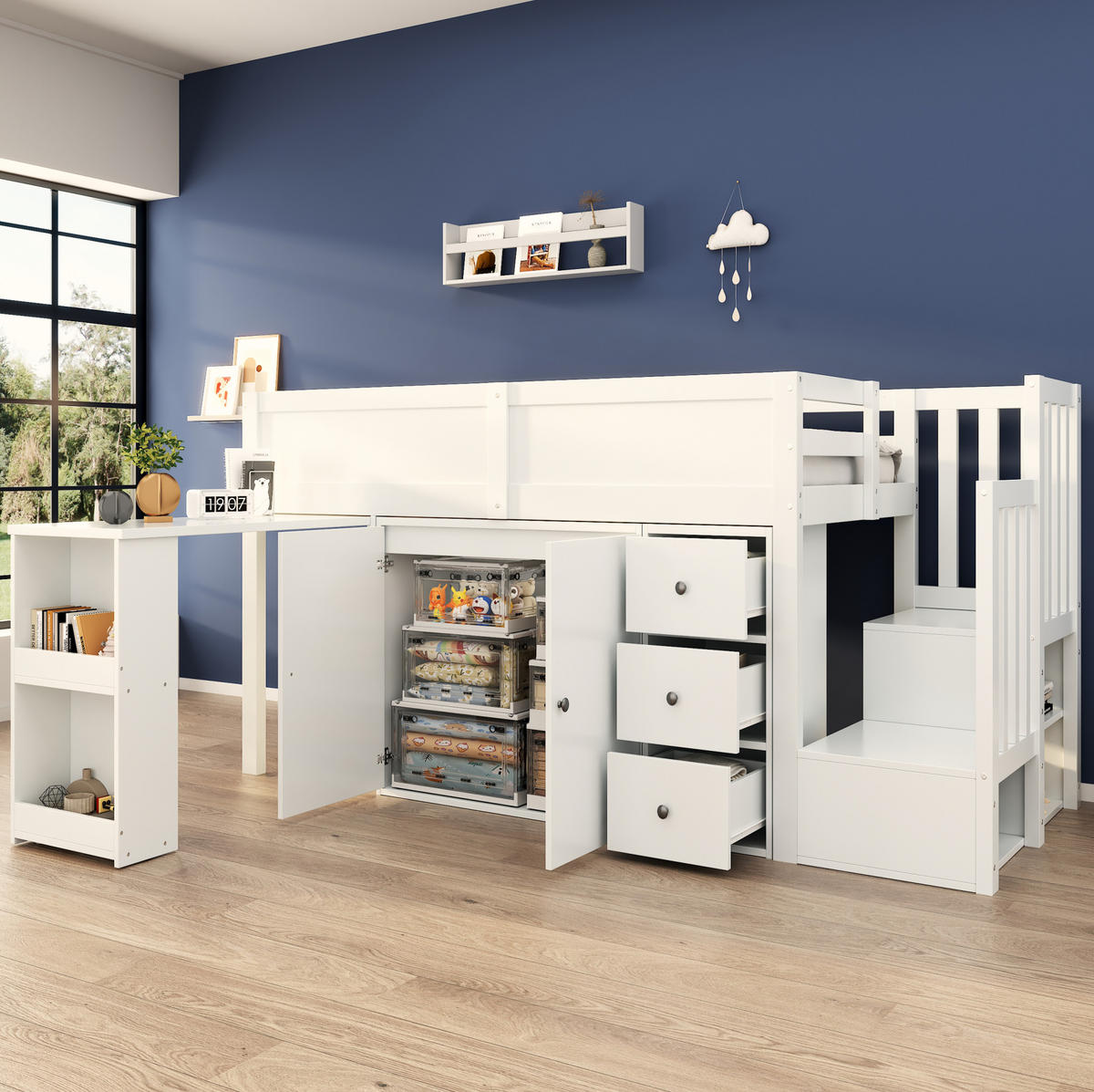 KINDERHOCHBETT 90/200 cm aus MDF mit ausziehbarem Schreibtisch und viel Stauraum Weiß - Weiß, Holzwerkstoff (90/200cm) - Modenvie