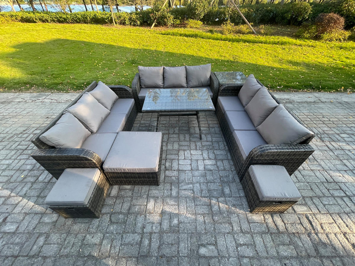 GARTENMÖBELSET mit ESSTISCH, 3-SITZER SOFA Polyrattan 12-Sitzer - Dunkelgrau/Grau, Glas/Kunststoff - Fimous