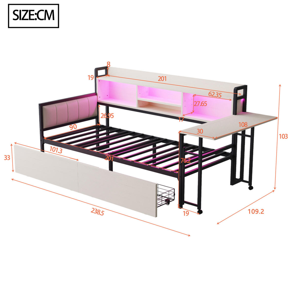 BETT 90/200 cm in Weiß mit LED-Beleuchtung, Schreibtisch und Stauraum - Weiß, Metall (90/200cm) - Flora Grace