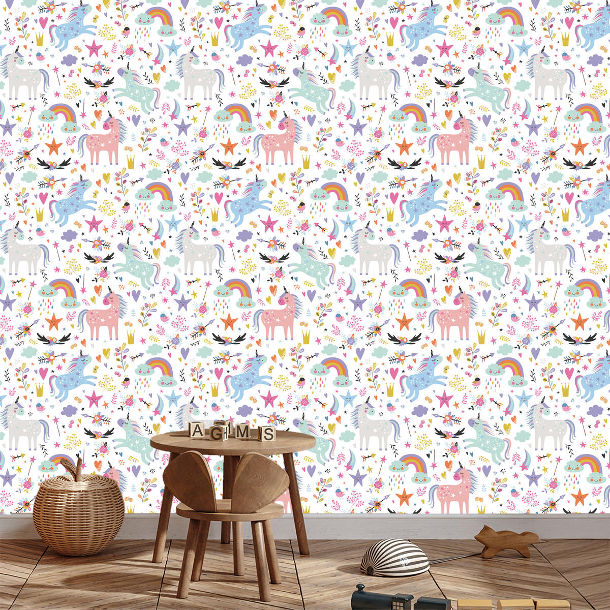 VLIESTAPETE Bunte Einhörner und Regenbogen – Bunt, Weiß – 50x1000 cm - Multicolor/Weiß, Papier (50/1000cm) - Muralo