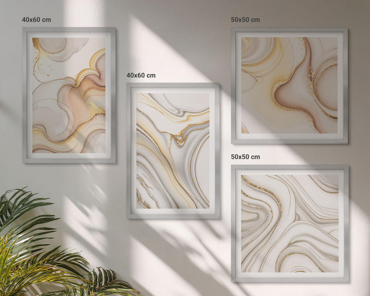 BILDER SET 4er Set - 50x50 cm & 40x60 cm Silberner Rahmen - Lineare abstrakte Motive - Silberfarben, Kunststoff (50/50cm) - TULUP