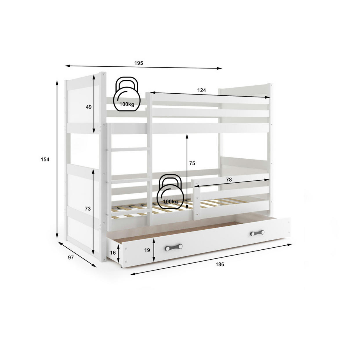 ETAGENBETT Rico mit Lattenrost und Schublade Weiß 190x90 - Weiß, Holz/Holzwerkstoff (90/190cm) - Interbeds