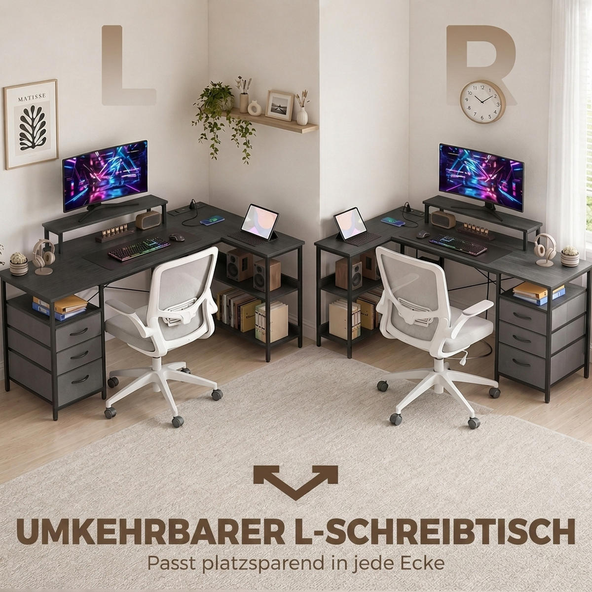 L-FÖRMIGER-SCHREIBTISCH Spanplatte Stahl Schwarz - Schwarz, Holzwerkstoff/Textil (170/100/91cm) - HOMCOM
