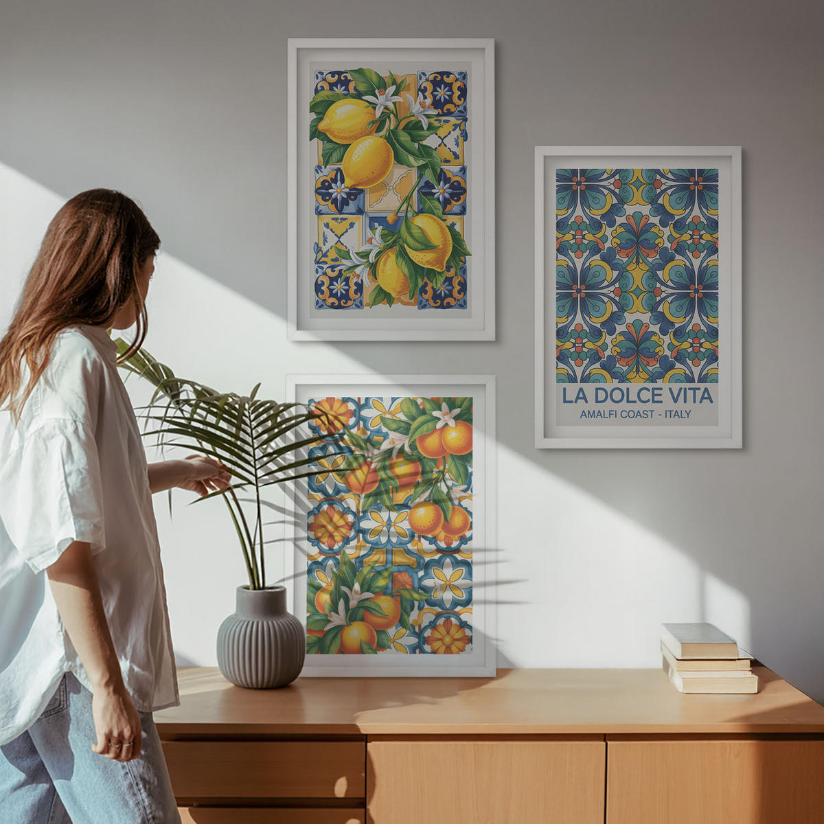 BILDER SET 3er Set - 40x60 cm Weißer Rahmen - Zitronen-Orangenblütenmuster - Weiß, Kunststoff (40/60cm) - TULUP