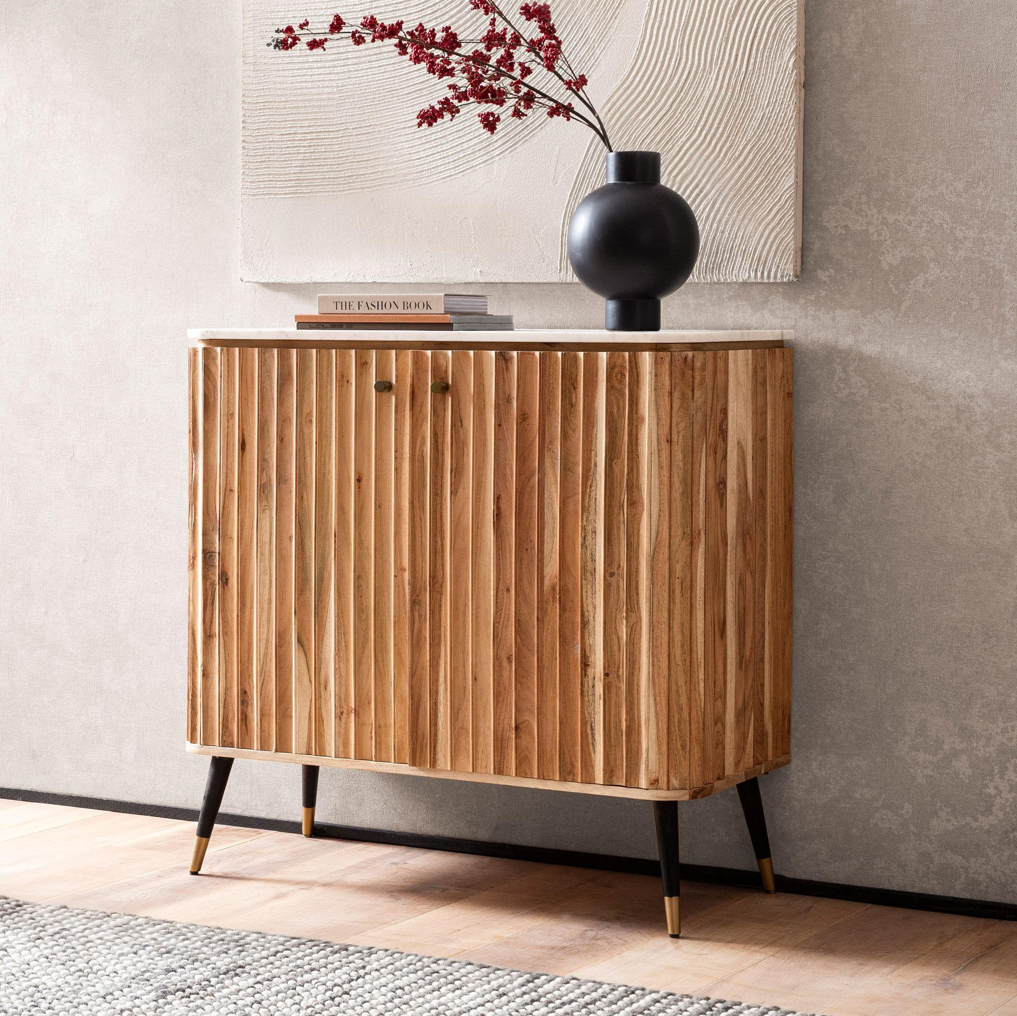 HAUSBAR Akazie Massivholz 95x90x41 cm Marmorplatte Skandinavisch - Goldfarben/Braun, Holz/Metall (95/90/41cm) - KADIMA DESIGN
