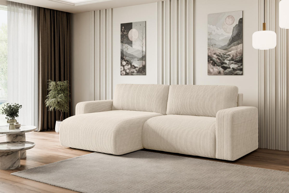 ECKSOFA mit Schlaffunktion und Bettkasten KLEEA-L - 247x143x83 cm Beige Cord - Beige/Schwarz, Holzwerkstoff/Kunststoff (247/143cm) - ALTDECOR