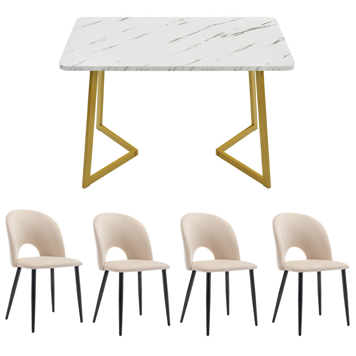 ESSGRUPPE Esstisch 4 Stühle Samt Beige Gold 117x68cm - Beige, Textil (117/75/68cm) - FLIEKS