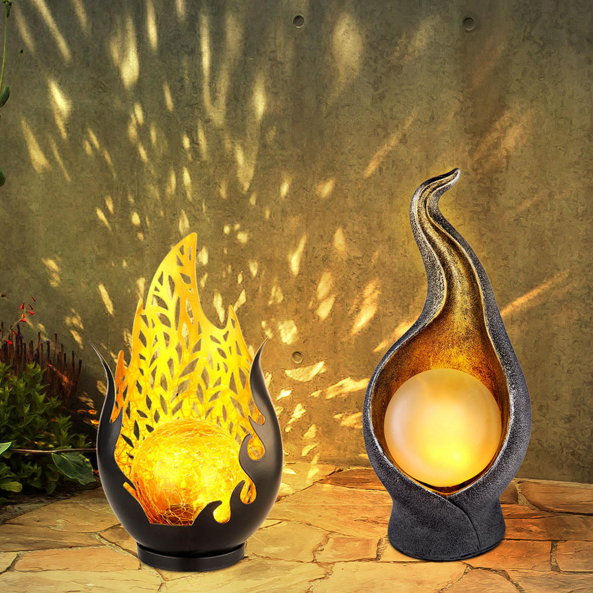 LED AUSSENLEUCHTE Silber Flammenoptik warmweiß 2er Set - Silberfarben, Metall (16.5/12.5/26.5cm) - Globo Lighting