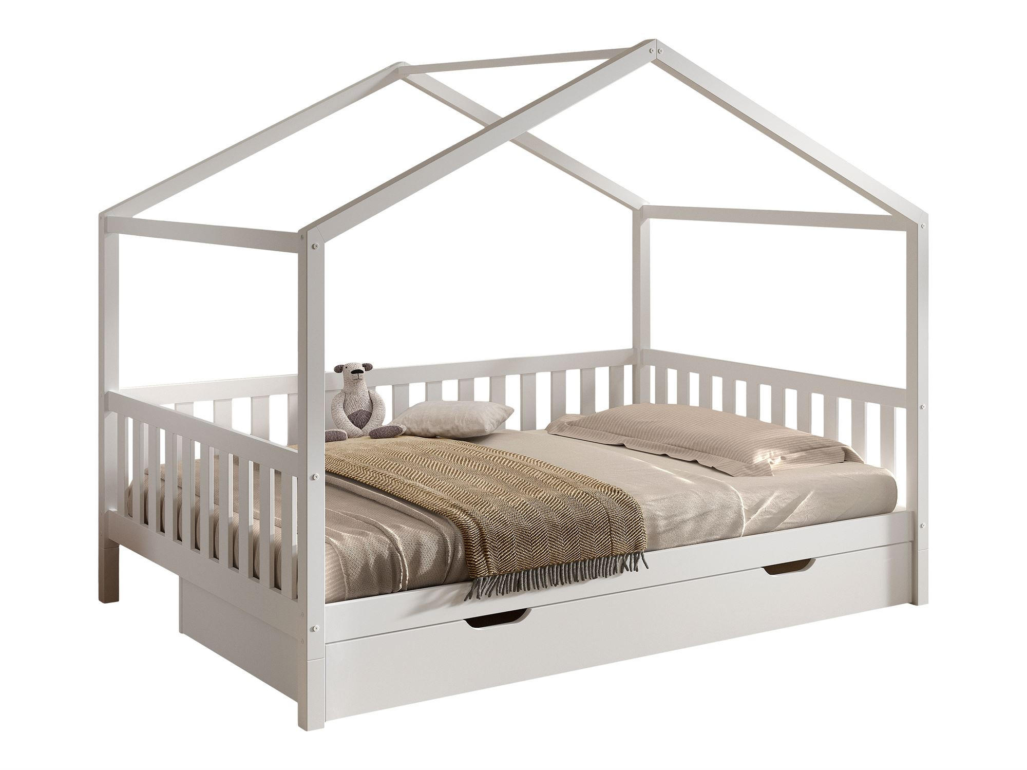 HAUSBETT Kapua 140x200 mit Bettschublade Kiefer Massivholz Weiß - Weiß, Holz (140/200cm) - 58aufmkessel