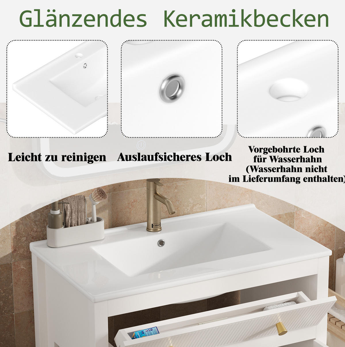 WEISSER Badezimmerunterschrank aus MDF 81x46,5x86,5 cm mit Keramikbecken, Soft-Close und modernem Stauraum - Weiß, Holzwerkstoff (81/86.5/46.5cm) - Modfu
