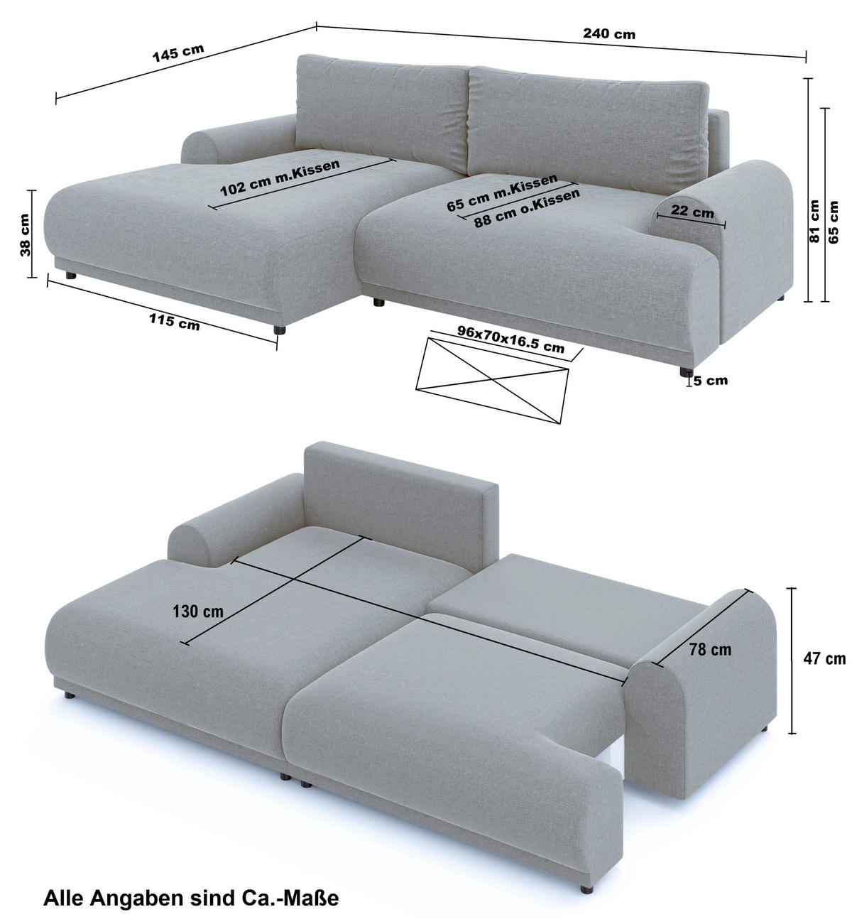 ECKSOFA mit Schlaffunktion, Bettkasten, extrabreite Ottomane links, abgerundete Armlehnen, B240/T145/H81 cm, Chenille Hellgrau / 21026 - Hellgrau/Schwarz, Kunststoff/Textil (240/145cm) - luma-home