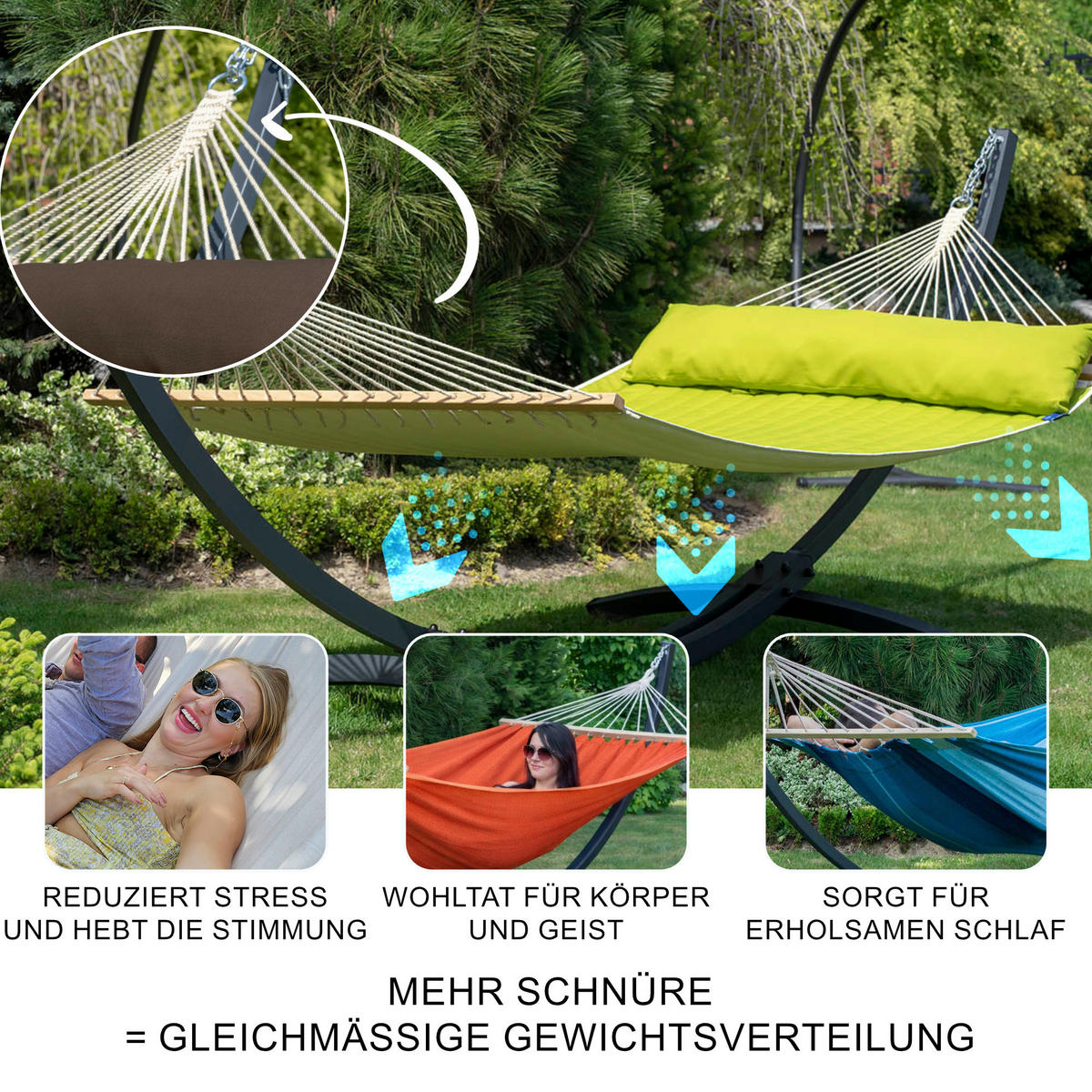HÄNGEMATTE mit Gestell, 2 Personen, Stabhängematte, XXL, 200 kg, Metall,Rot , einfache Montage - Rot, Metall (370/130/120cm) - Potenza