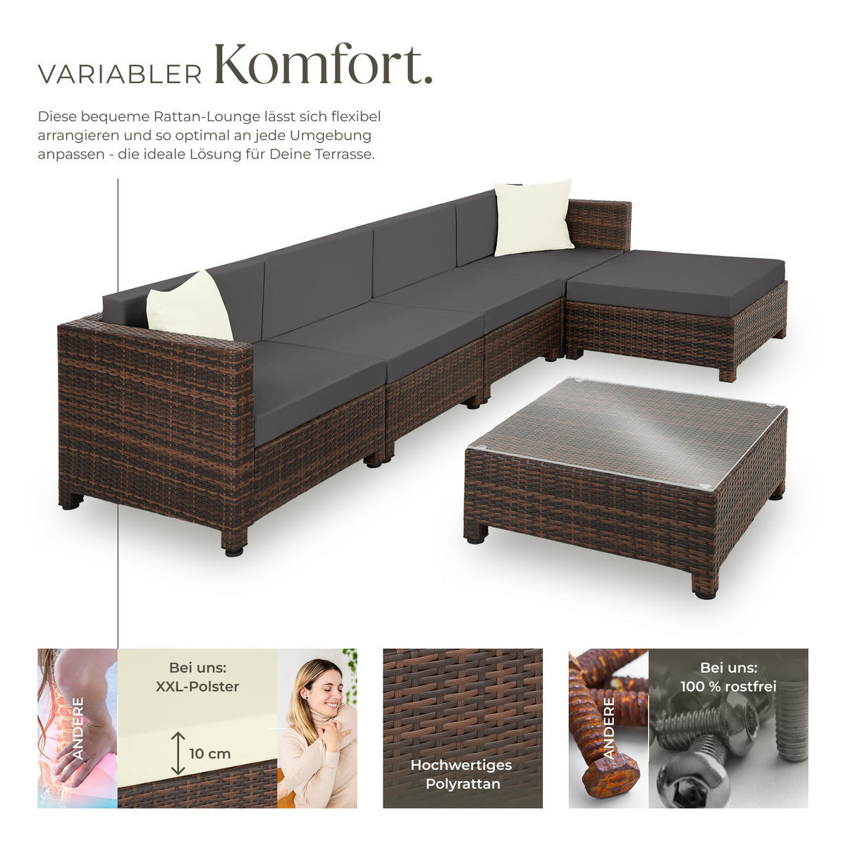 RATTANLOUNGE ,mit Sicherheitsglasplatte,schwarz/braun - Schwarz/Braun, Kunststoff - tectake