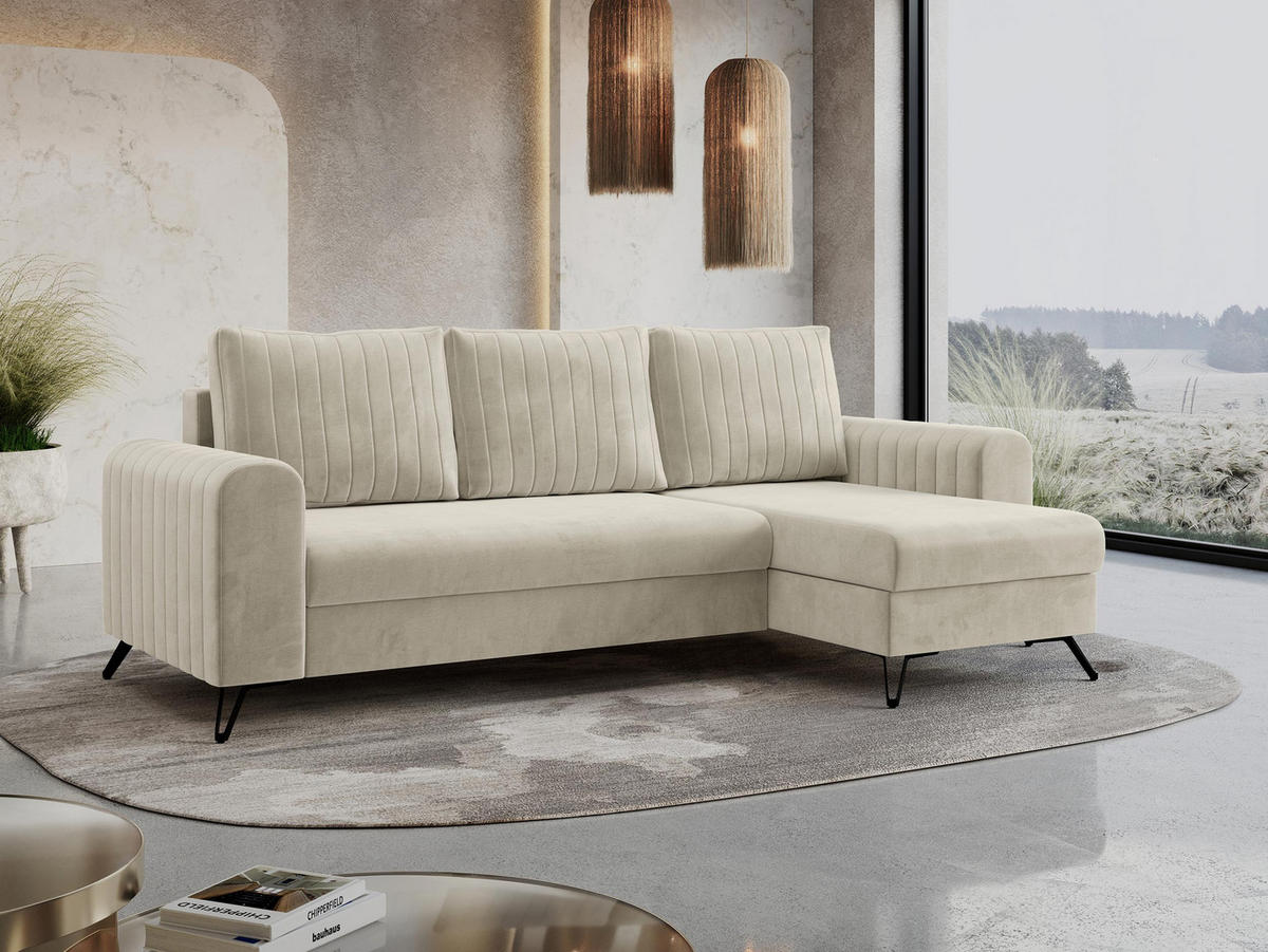ECKSOFA Axel Velvet Beige - Beige/Schwarz, Textil/Metall (242/140cm) - MKS