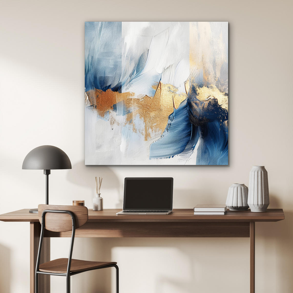 KOVOVÝ OBRAZ Zlatá - modrá - akvarel - umenie - moderné 90x90 cm - svetlomodrá, kov (90/90cm) - MuchoWow