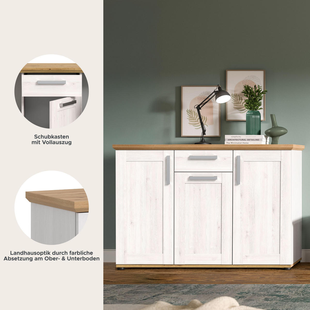 KOMMODE Verona in Sibiu Lärche Nachbildung und Artisan Eiche Nachbildung B/H/T: 137x92x39 cm - Lärchefarben, Holzwerkstoff (133/88/37cm) - Homes & Jones