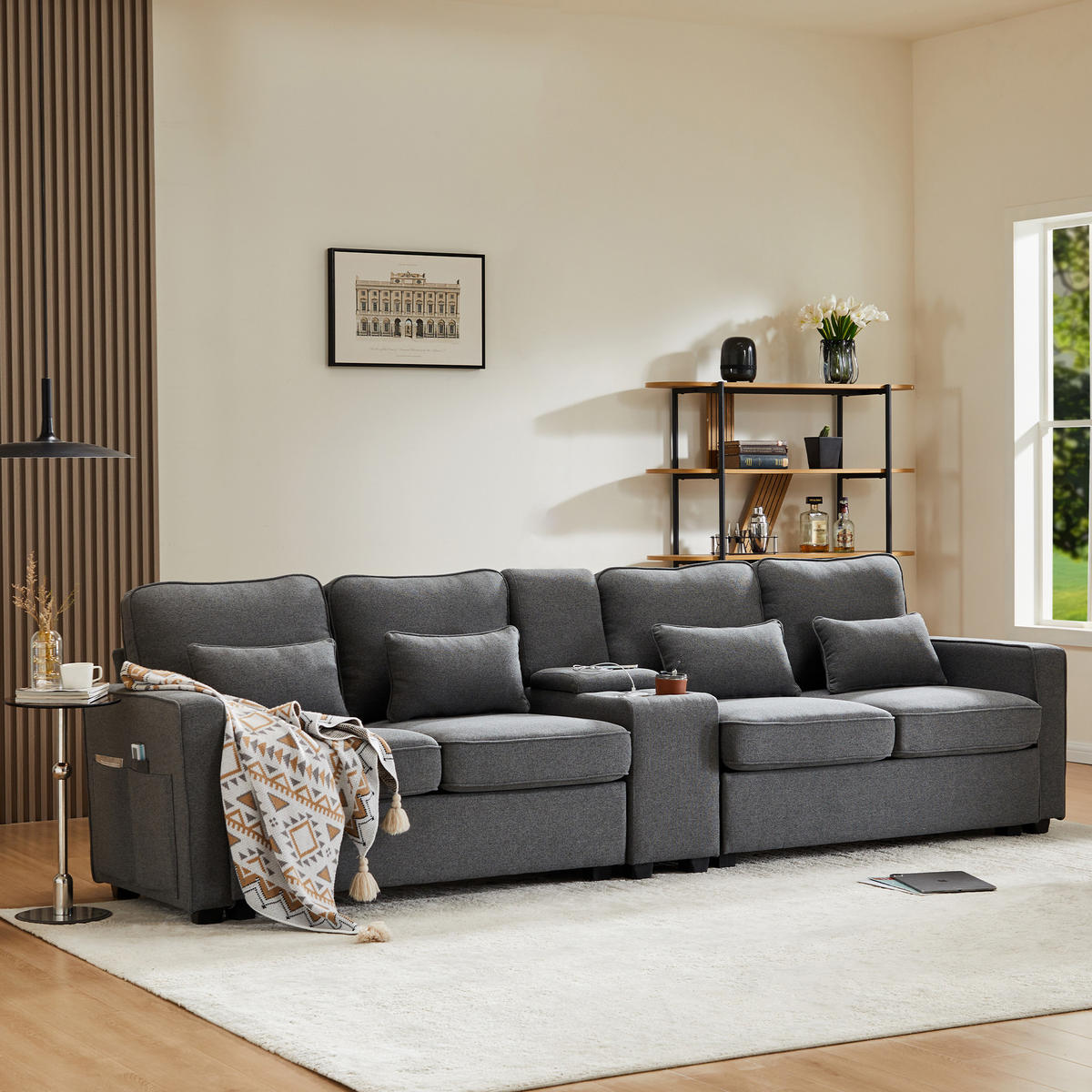 4-SITZER SOFA Leinen Dunkelgrau mit USB, Getränkehaltern und Kissen - Dunkelgrau, Holzwerkstoff/Kunststoff (290/88/83cm) - WISHDOR