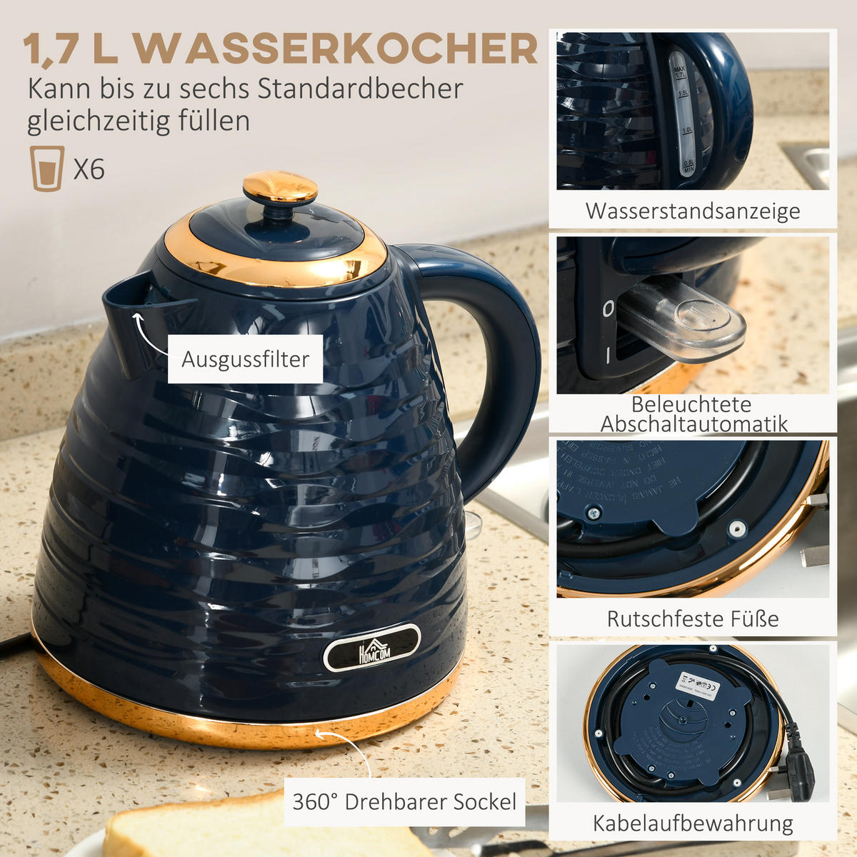 WASSERKOCHER-TOASTER-SET mit 1,7 L Wasserkocher, 4 Scheiben-Toaster, Blau - Blau, Kunststoff (19.5/23.2/24.1cm) - HOMCOM