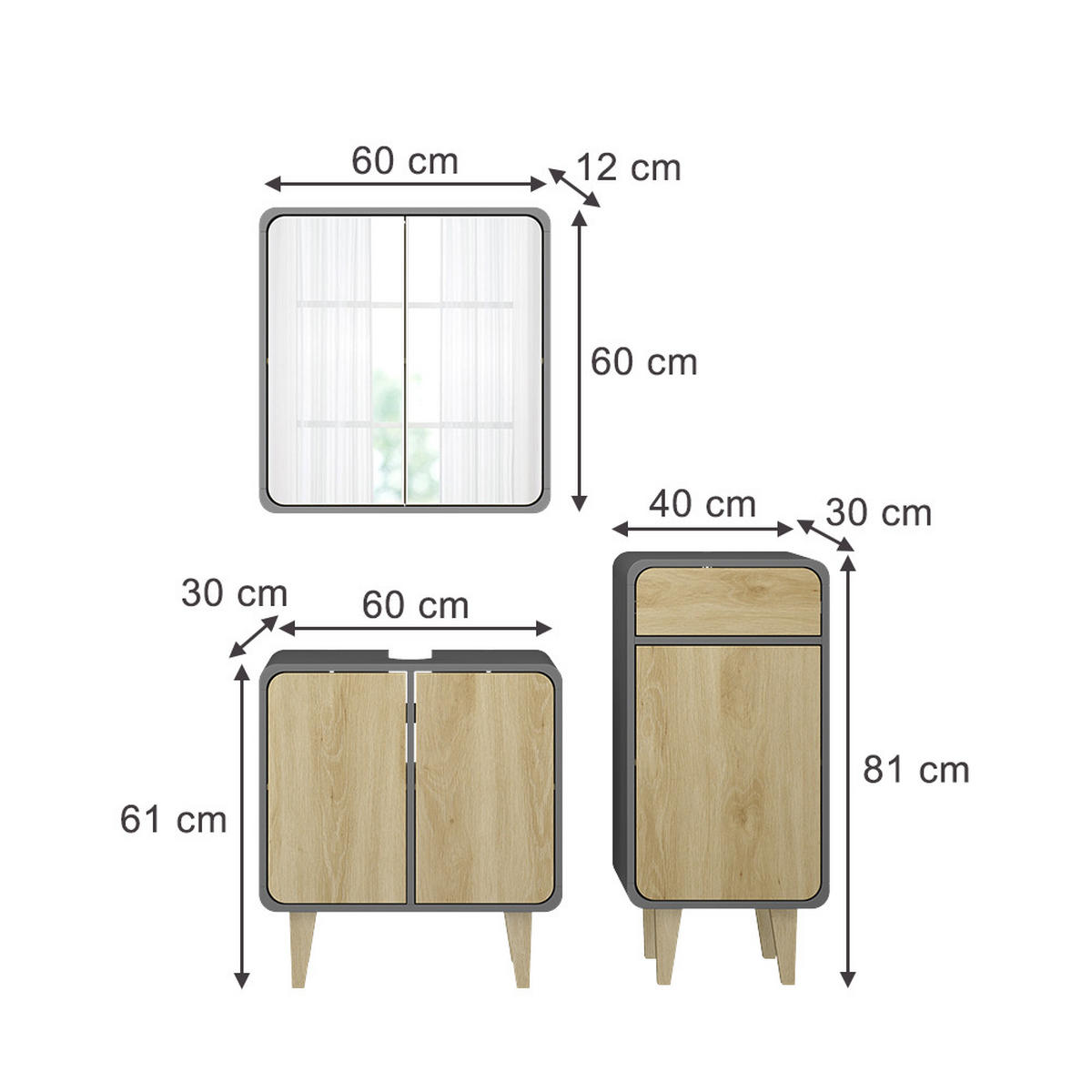 KOUPELNOVÝ NÁBYTEK Arla Antracit/dub - antracitová/barva dubu, kompozitní dřevo (60/61/30cm) - Vicco