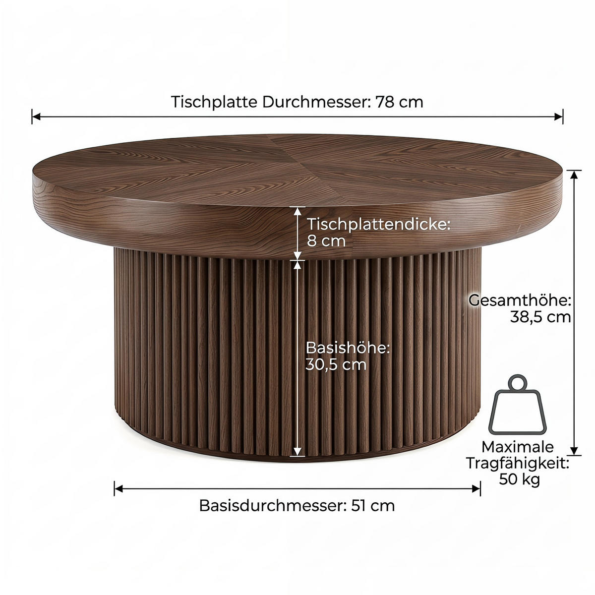COUCHTISCH rund geriffelt Walnuss 78 cm mit Säulenfuß - Walnussfarben, Holzwerkstoff (78/78/38.5cm)