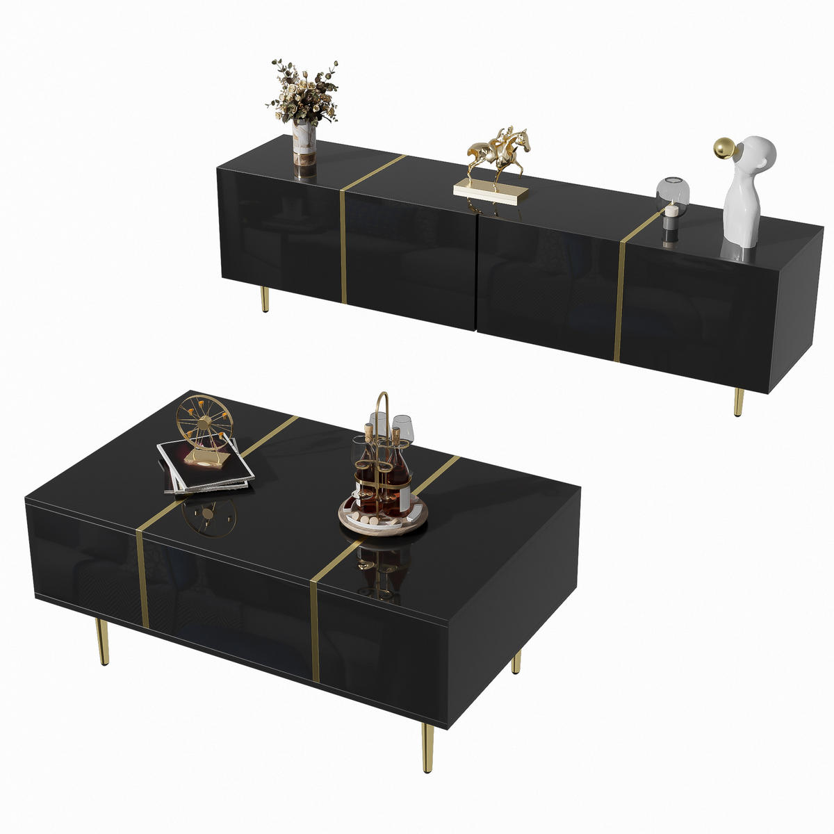 TV-SCHRANK Couchtisch Set schwarz - Schwarz, Holzwerkstoff (170/46/35cm)