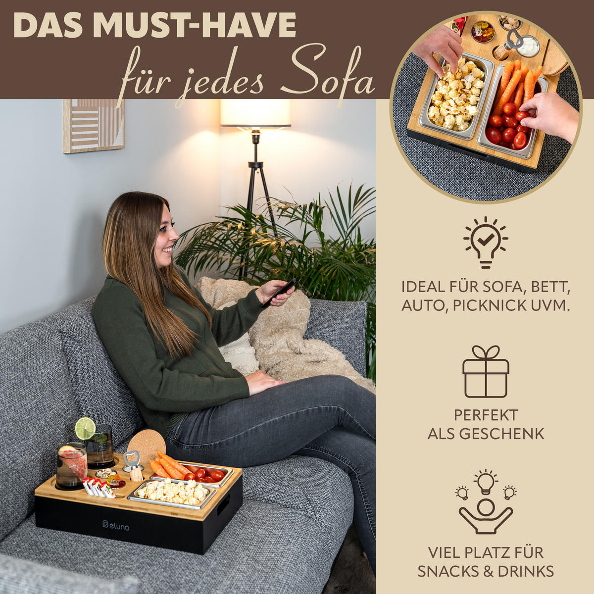 COUCHBAR mit abnehmbarem Deckel, Bambus, schwarz - Anthrazit, Holz (27.5/8/40cm) - eluno