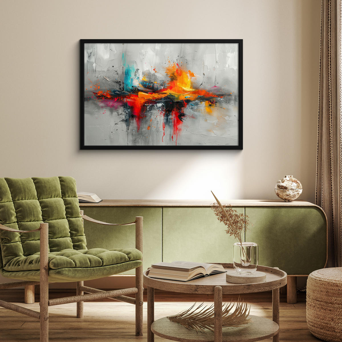 POSTER MIT RAHMEN Moderne Kunst - Orange - Grau - Abstrakt 90x60 cm - Hellgrau, Papier (90/60cm) - MuchoWow