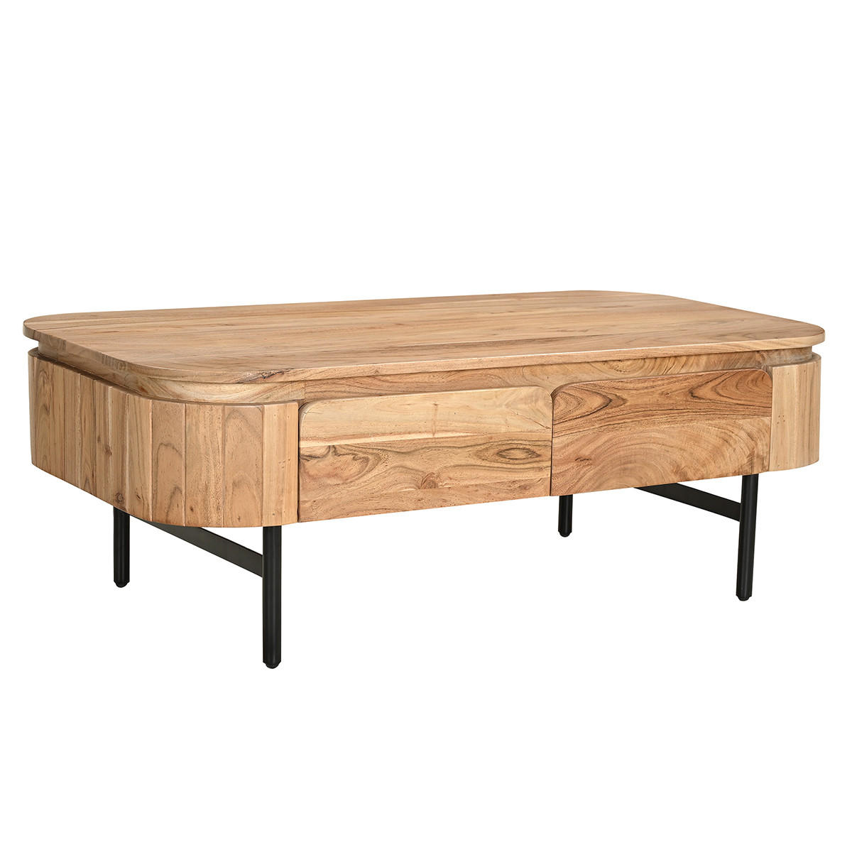 COUCHTISCH Massivholz Schwarzes Metall 4 Schubladen B115 cm NAPOLI - Eiche Bianco, Holz (115/60/40cm) - Miliboo