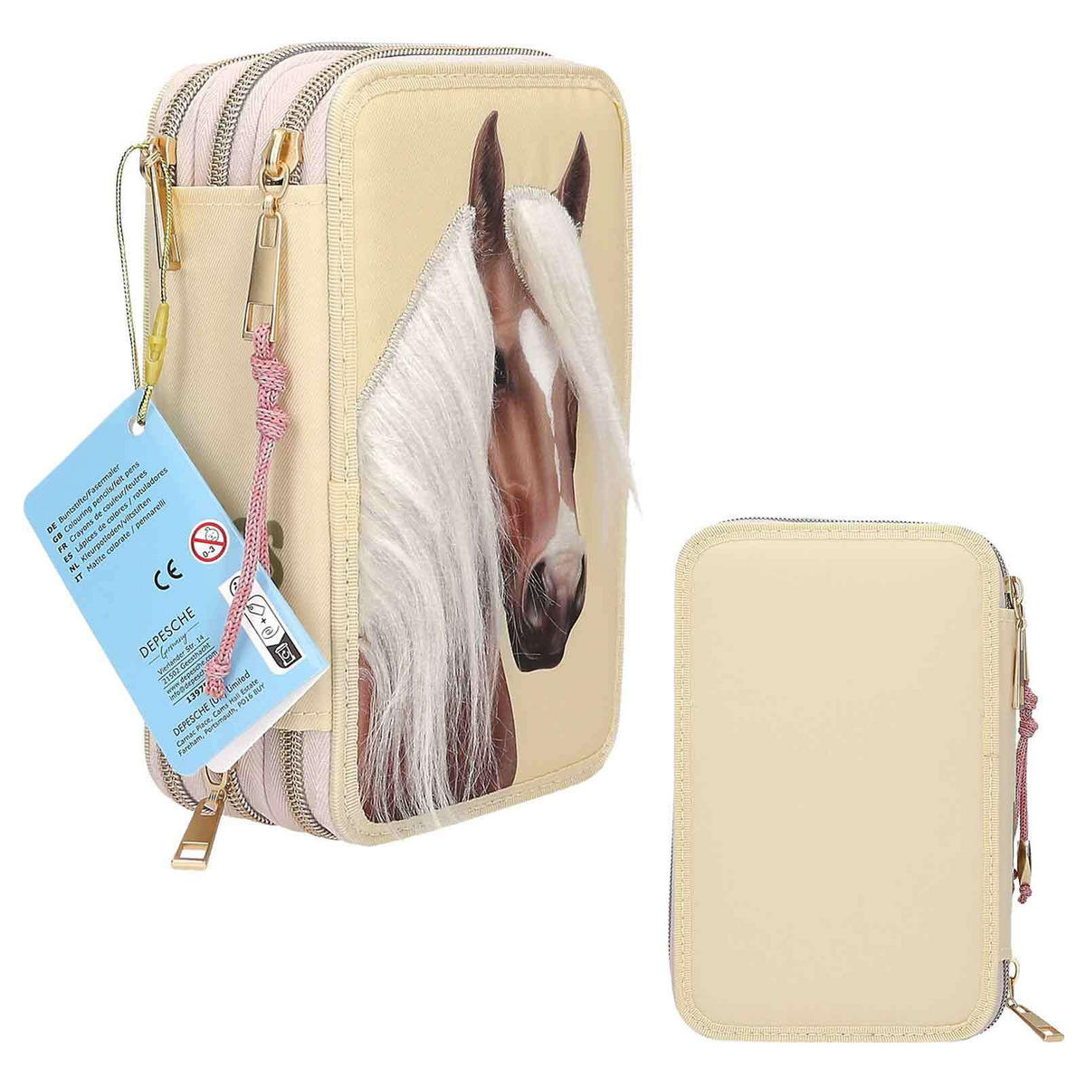 3-FACH FEDERTASCHE MIT PFERDEKOPF-APPLIKATION INKL. STIFTE Miss Melody hellgelb 7,5 x 13 x 20 cm - Hellgelb, Kunststoff (13/20/7.5cm) - Depesche Germany