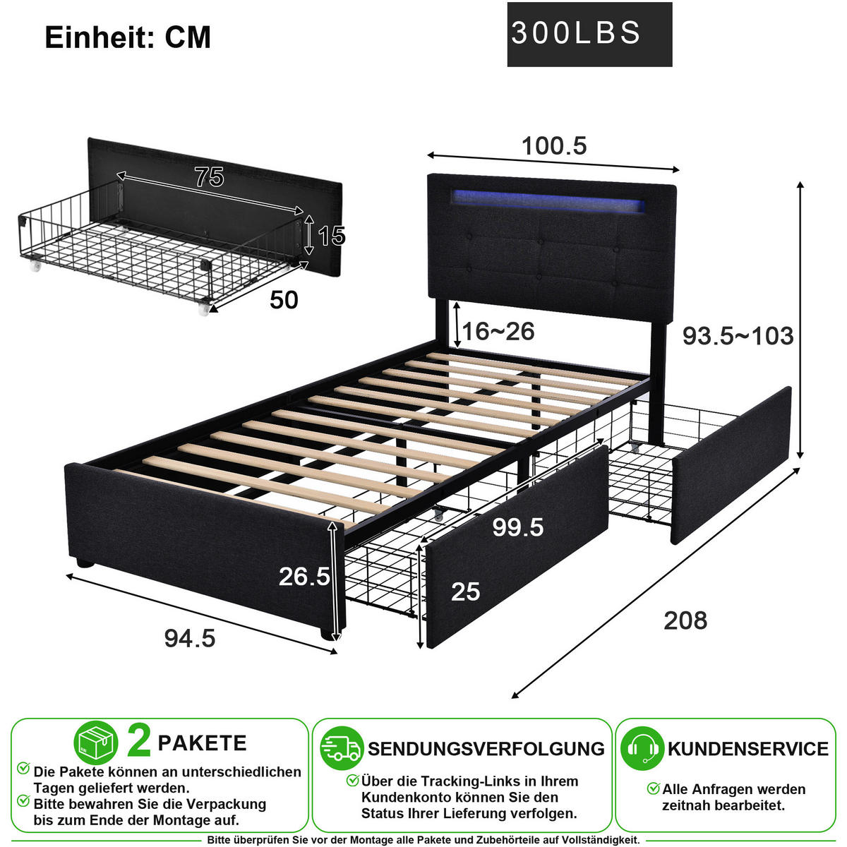 ČALOUNĚNÁ POSTEL 90/200 cm v černé barvě se 2 zásuvkami, LED a nastavitelným čelem - černá, kov/kompozitní dřevo (90/200cm) - CHICFURN