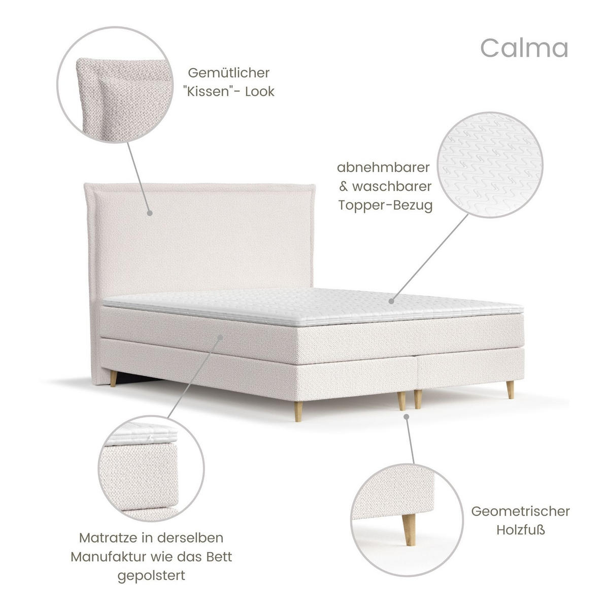 KONTINENTALBETT Calma Creme 120/200 cm mit Matratze und Topper - Creme/Naturfarben, Holz/Holzwerkstoff (120/200cm) - Maison de Reve