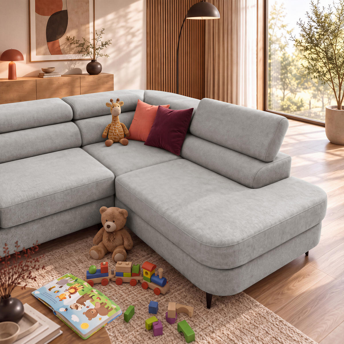 ECKSOFA U-Form PRIAM MAXI U Rechts mit Schlaffunktion 125x317 Velours Hellgrau - Hellgrau/Schwarz, Holz/Textil (400/91/203cm) - Muffo