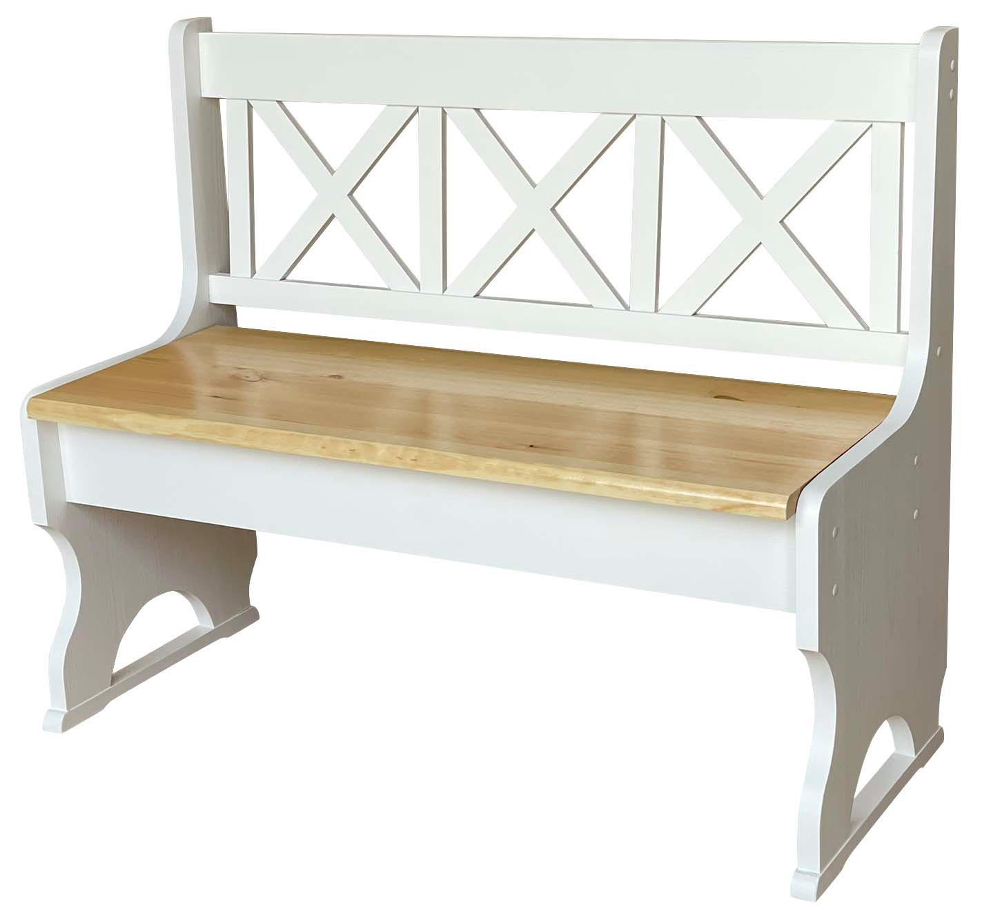 LANDHAUSBANK aus Kiefernholz mit Kreuzlehne, Weiss/Kiefer Lackiert, 105 cm - Kieferfarben, Holz (105/86/36cm)