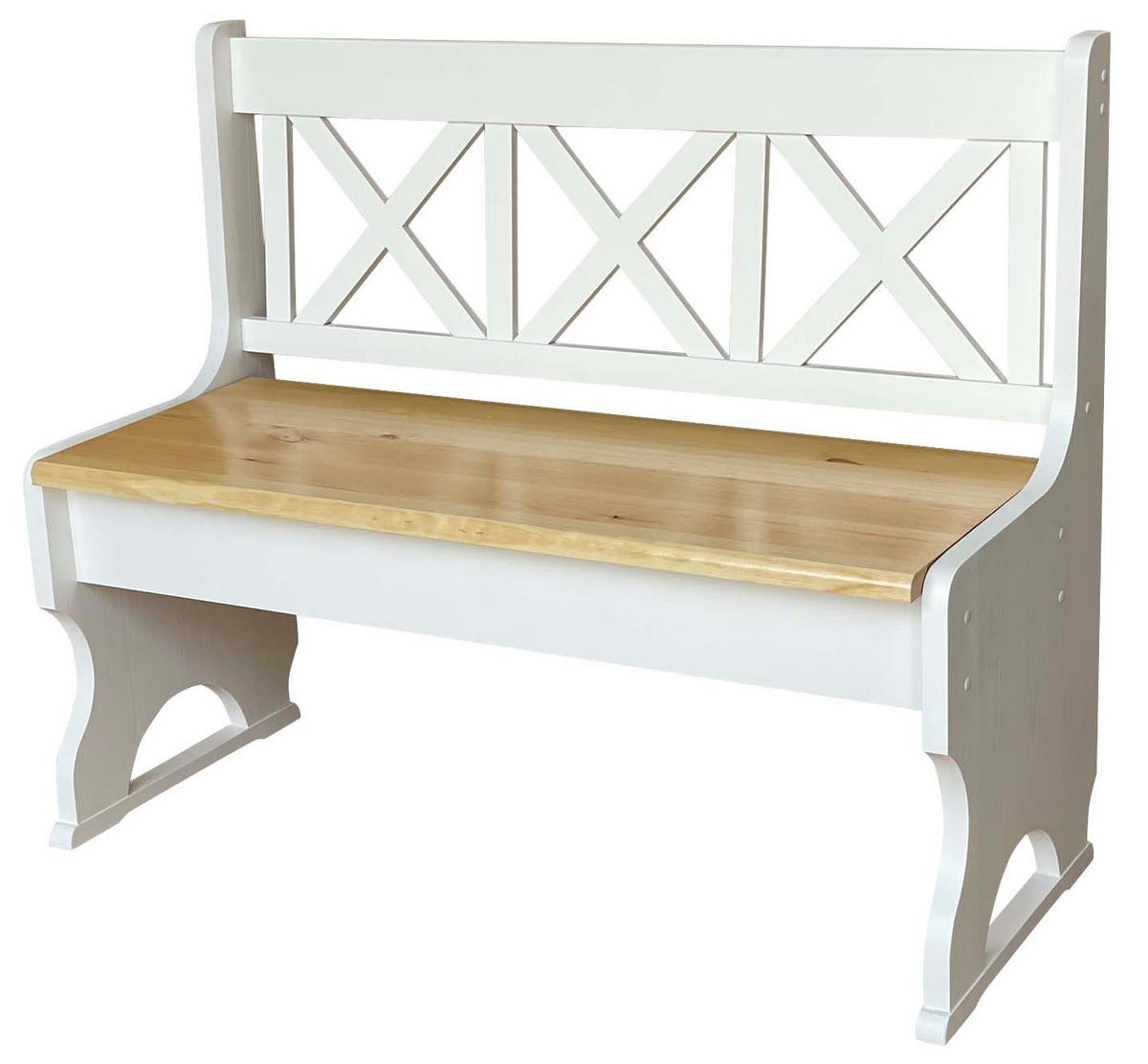 LANDHAUSBANK aus Kiefernholz mit Kreuzlehne, Weiss/Kiefer Lackiert, 105 cm - Kieferfarben, Holz (105/86/36cm)