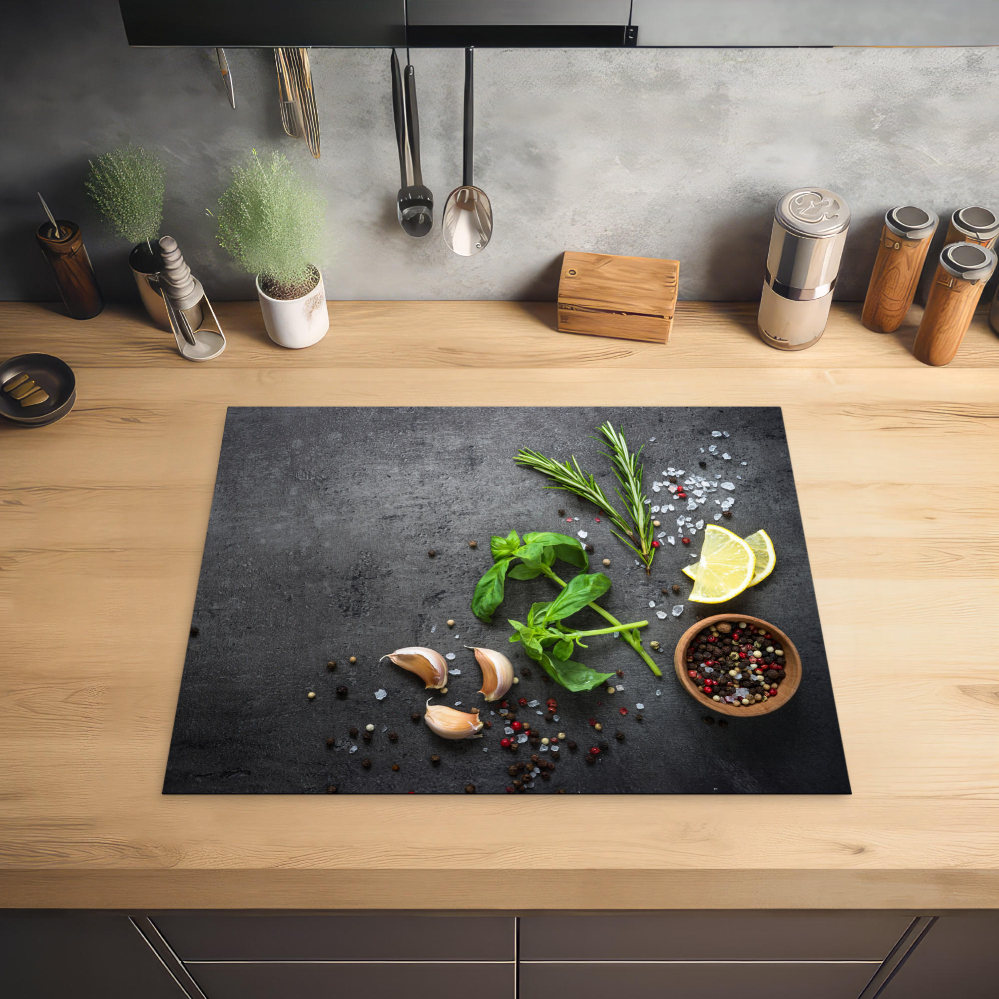 HERDABDECKPLATTE Limette - Kräuter - Gewürze - Grün - Grau - Beton 65x52 cm - Grün, Kunststoff (65/0.2/52cm) - MuchoWow