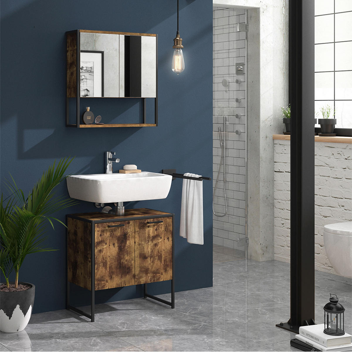 BADMÖBEL-SET Fyrk Antikholz 2 Teile, mit Spiegelschrank - Alteiche/Schwarz, Holzwerkstoff (60/60/33cm) - Vicco