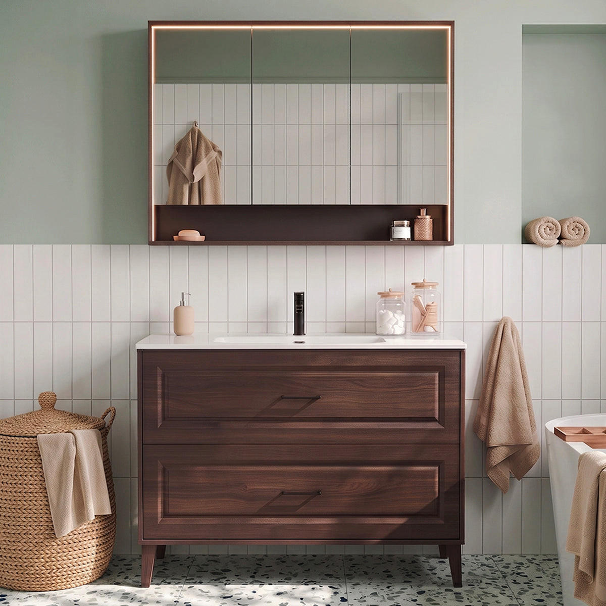 KÚPEĽŇOVÝ NÁBYTOK 120cm Moka 2-dielna súprava Drevo - hnedá, kompozitné drevo (120/82/46cm) - Petits-meubles
