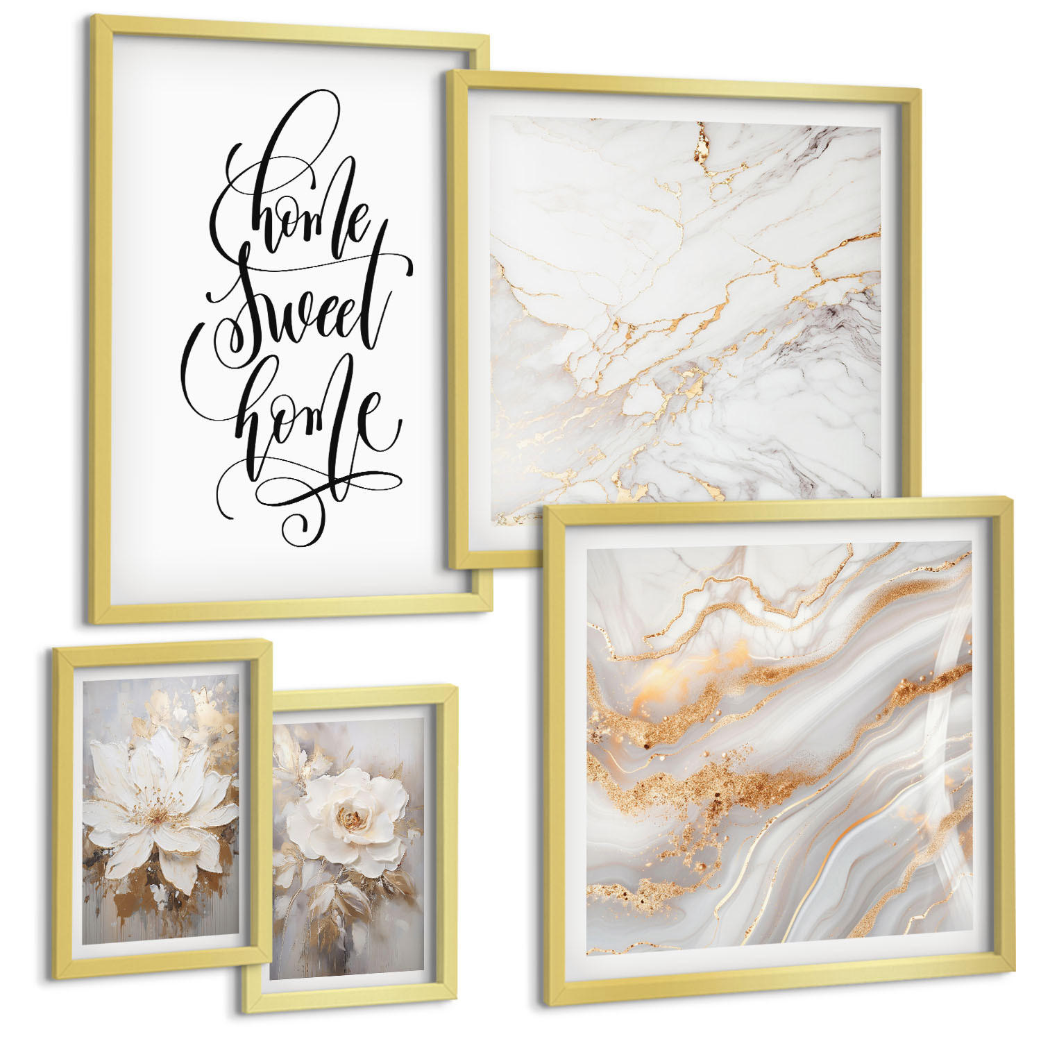 BILDER SET 5er Set - 50x50 cm & 20x30 cm & 40x60 cm Goldrahmen - Porträt von Blumen in intensiven Farben - Goldfarben, Kunststoff (40/60cm) - TULUP