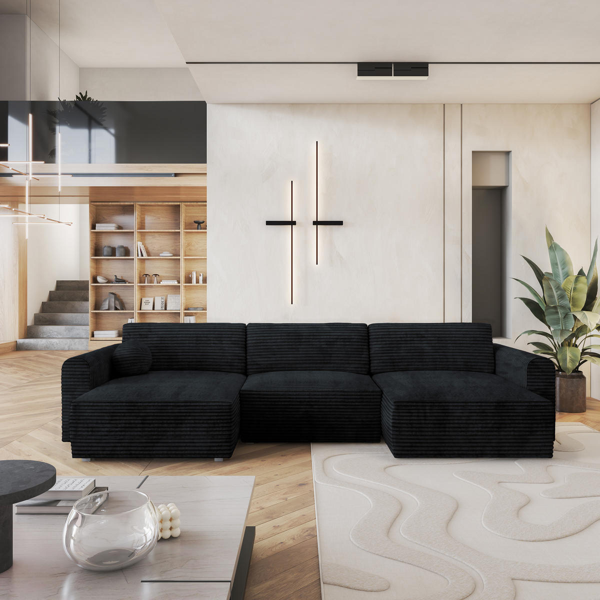 ROHOVÁ SEDAČKA FENTO černá - šedá/černá, dřevo/textil (347/148cm) - MASSENO