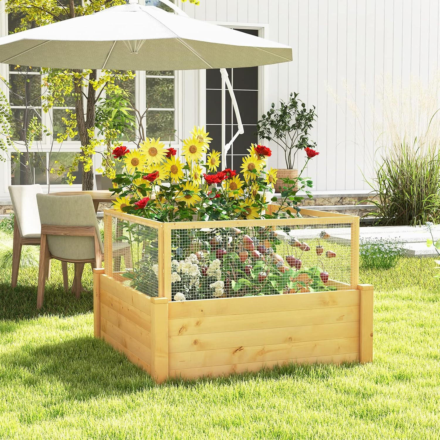 HOCHBEET mit Zaun Holz - Apfelbaumfarben, Holz (107/70/107cm) - COSTWAY
