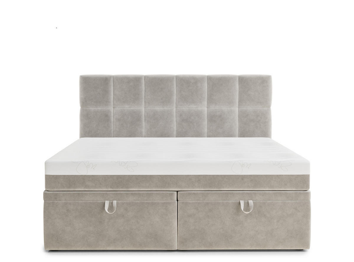 BOXBETT 180/200 cm Gotu M, in Beige, Matratze, gepolstertes Kopfteil, Bettkasten, H3 = fest - Beige/Schwarz, Holz/Holzwerkstoff (180/200cm) - Maison de Reve