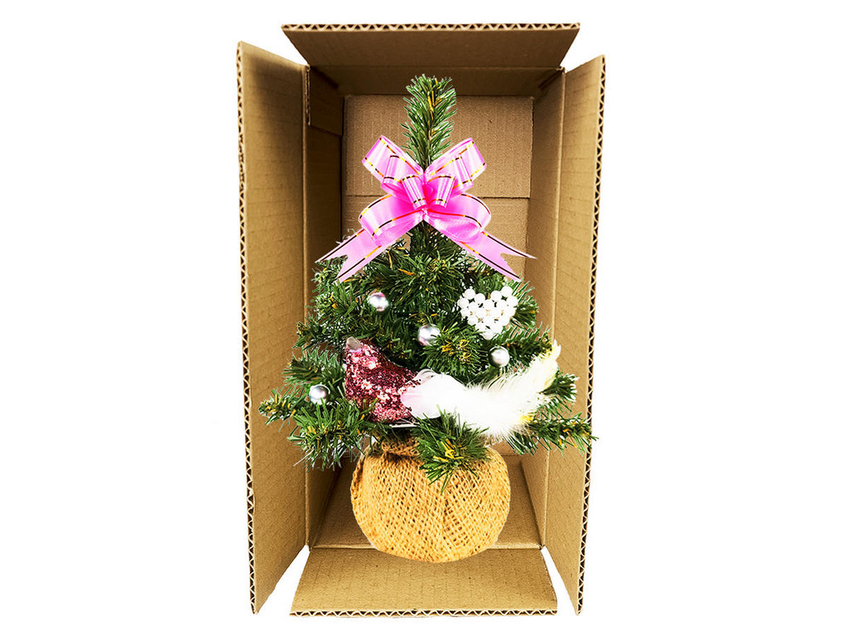 WEIHNACHTSBAUM künstlicher 25 cm, TINY 2, mit 13-teiligem Weihnachtsbaumschmuck, inkl. Metallständer und Aufbewahrungsbox - Pink/Silberfarben, Kunststoff/Stein (18/25cm) - LAALU