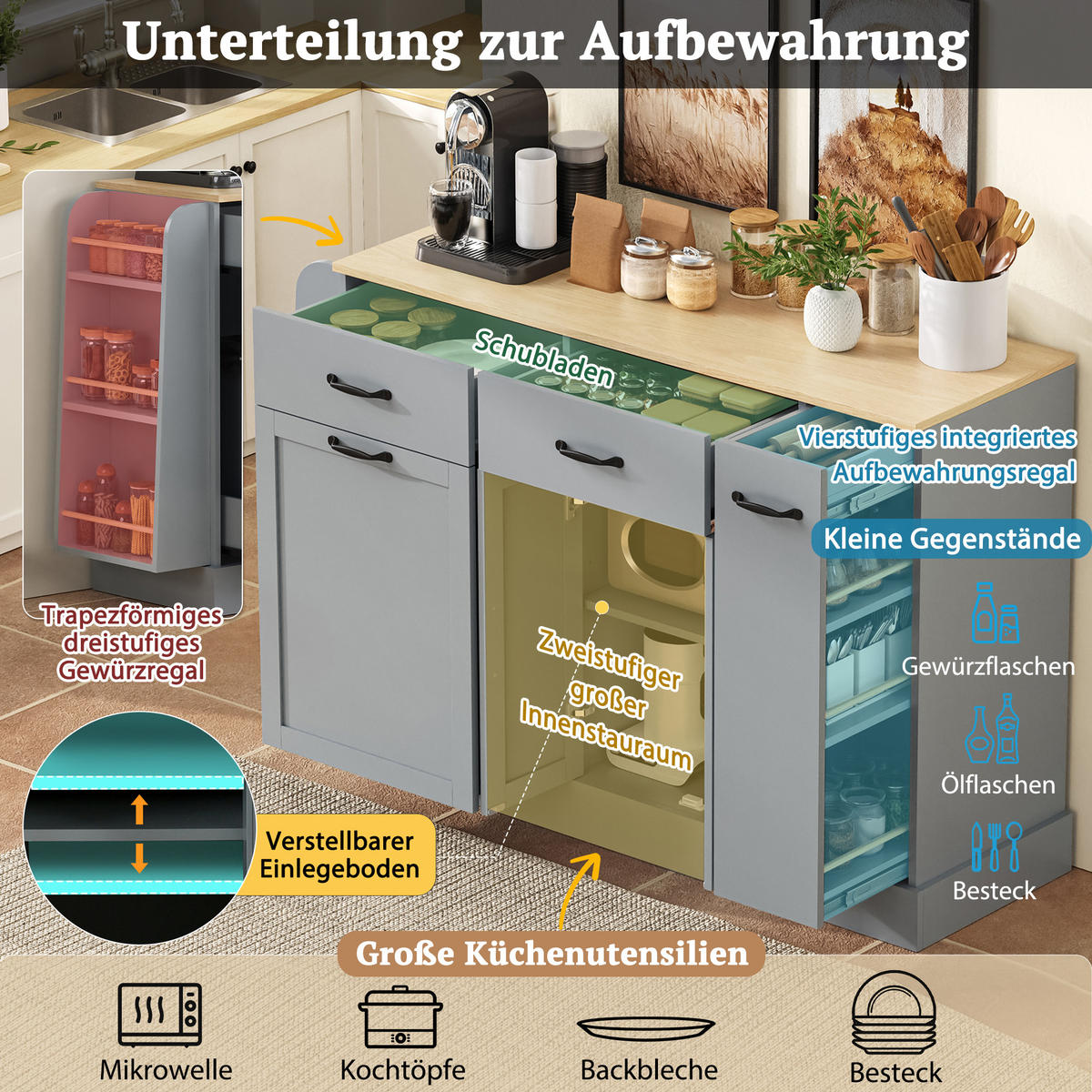 SIDEBOARD mit Abfallfach, Gewürzregal und Schubladen, Grau - Grau, Holzwerkstoff (133.5/86/40cm)