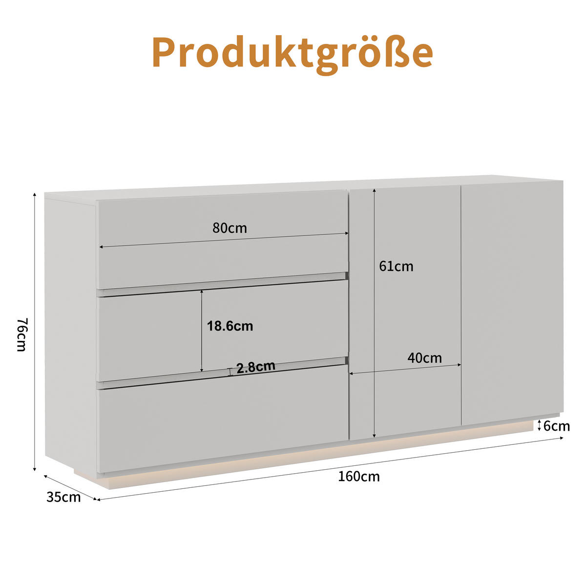 SIDEBOARD WEISS Hochglanz mit LED-Beleuchtung, 3 Schubladen & 2 Türen - Weiß, Holzwerkstoff (35/76/160cm) - SHOPENTRA