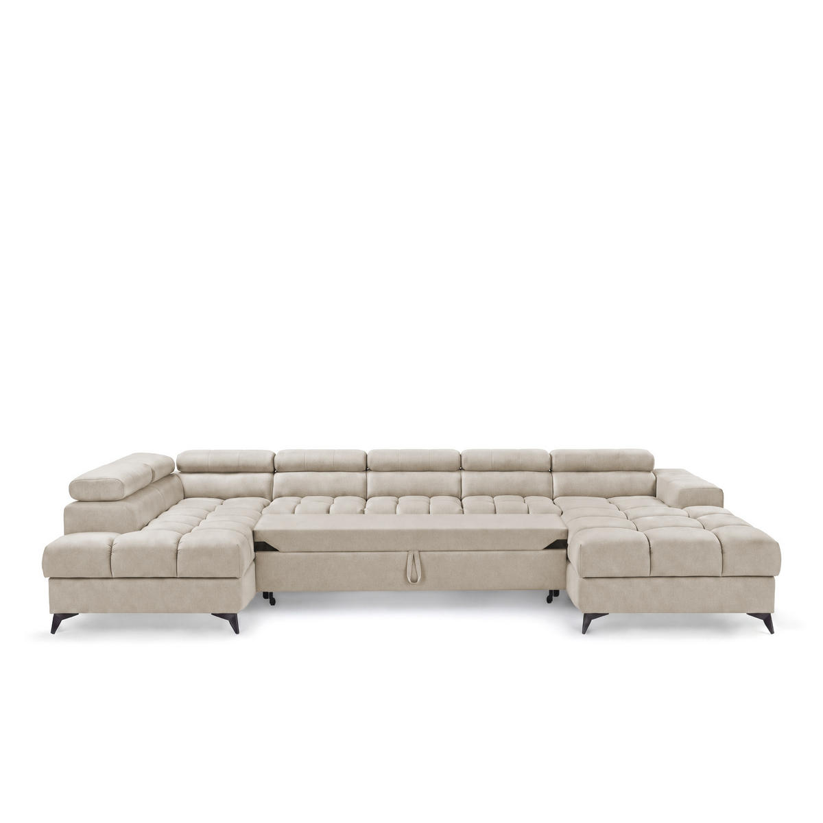 ECKSOFA PUDDING MAXI U Links mit Schlaffunktion 125x330 Velours Creme - Creme/Schwarz, Holz/Textil (203/421cm) - Muffo