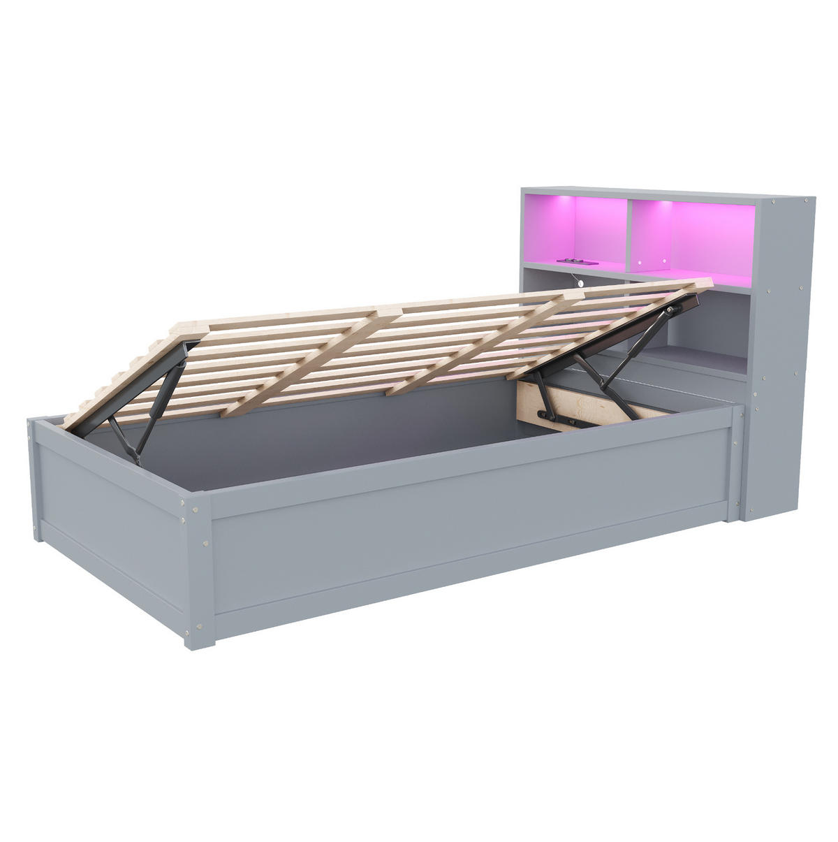 HOLZBETT 90/200 cm mit Kopfteil, LED und Stauraum – inkl. Lattenrost - Grau, Holz (90/200cm) - BEAOK