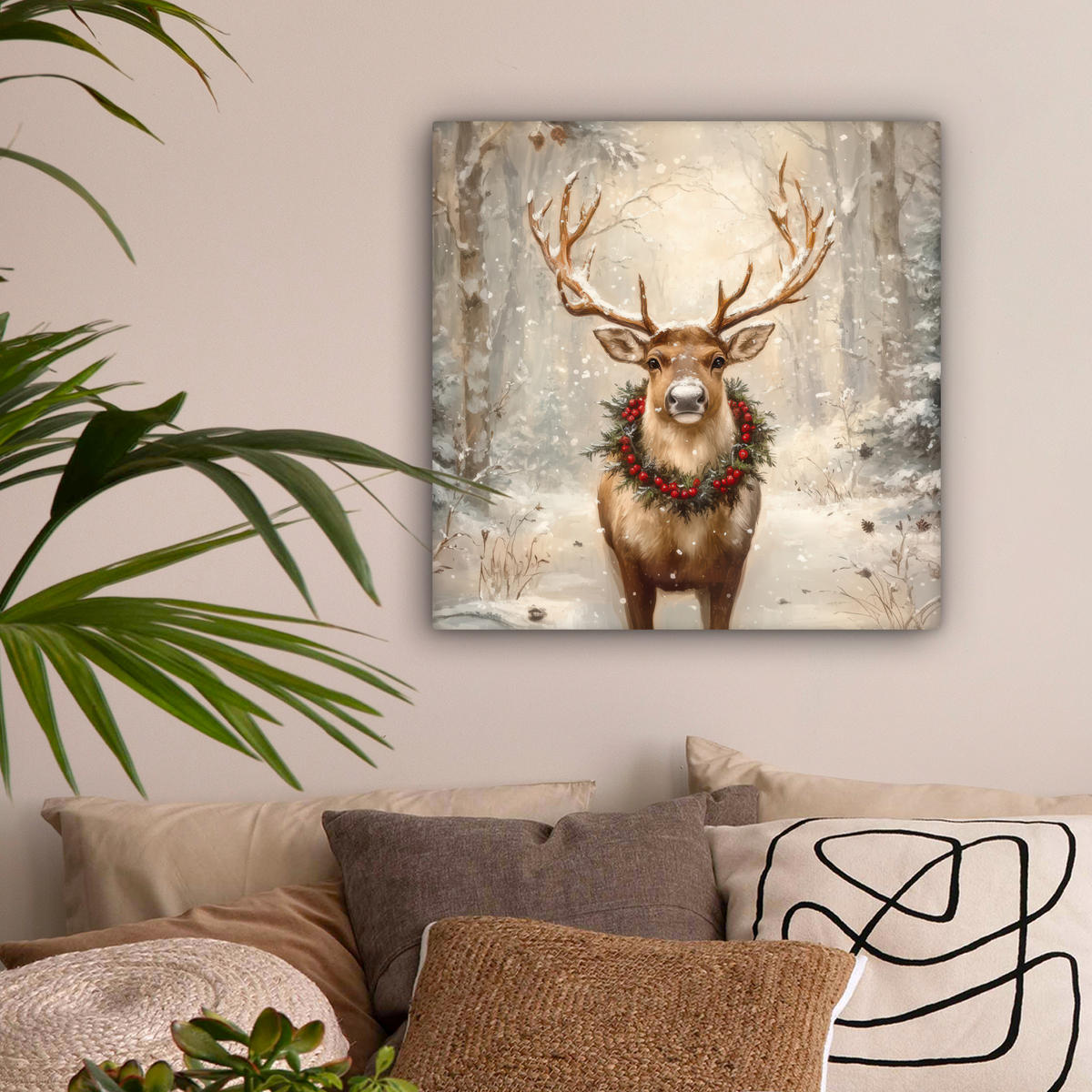 LEINWANDBILD Weihnachten - Rentier - Winter - Kranz Wandbild Wohnzimmer 50x50 cm - Braun, Textil (50/50cm) - MuchoWow