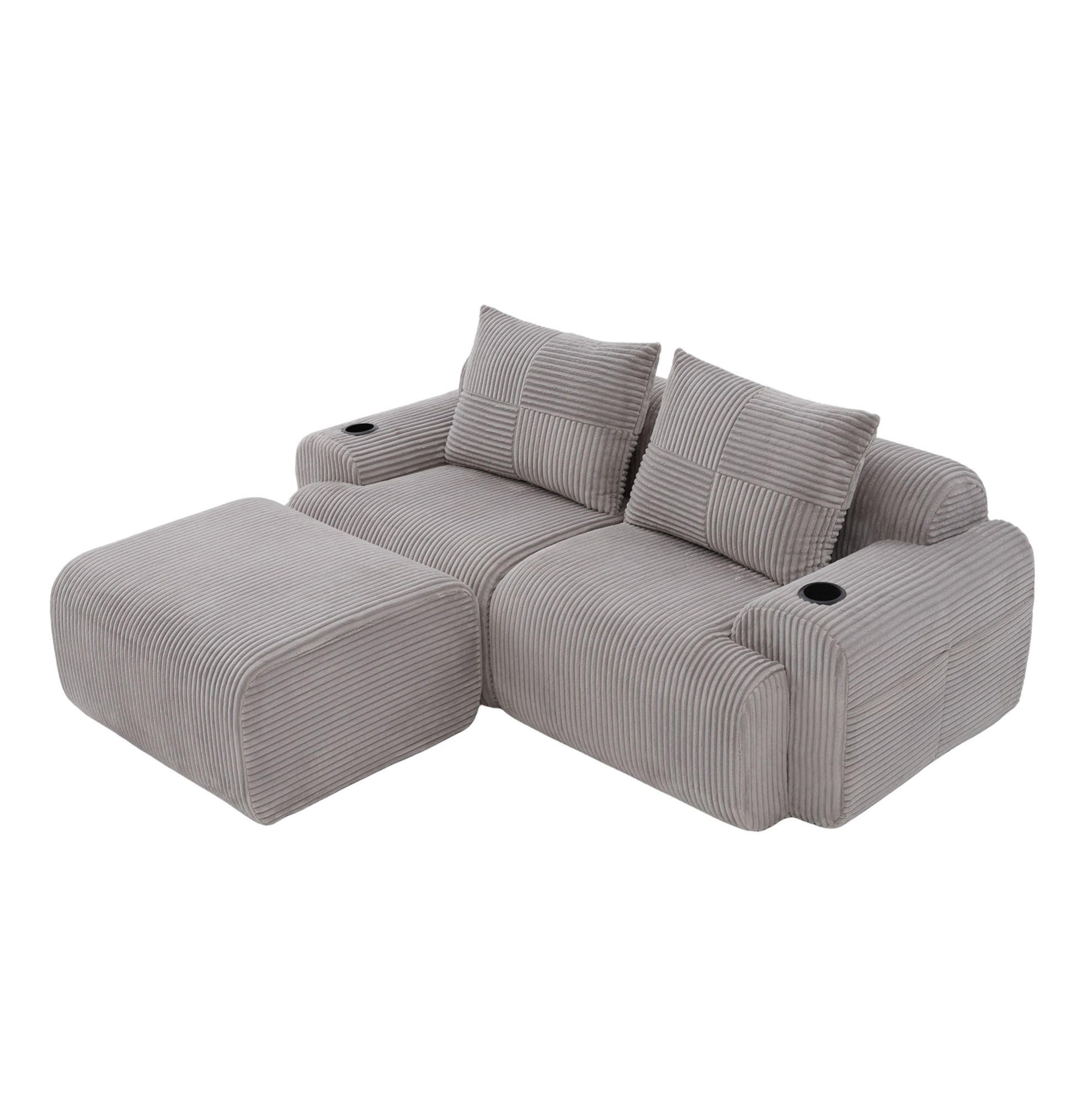 Modfu MODULÁRNÍ pohovka z manšestru 200x174x80 cm světle šedá s držákem na nápoje a boční kapsou